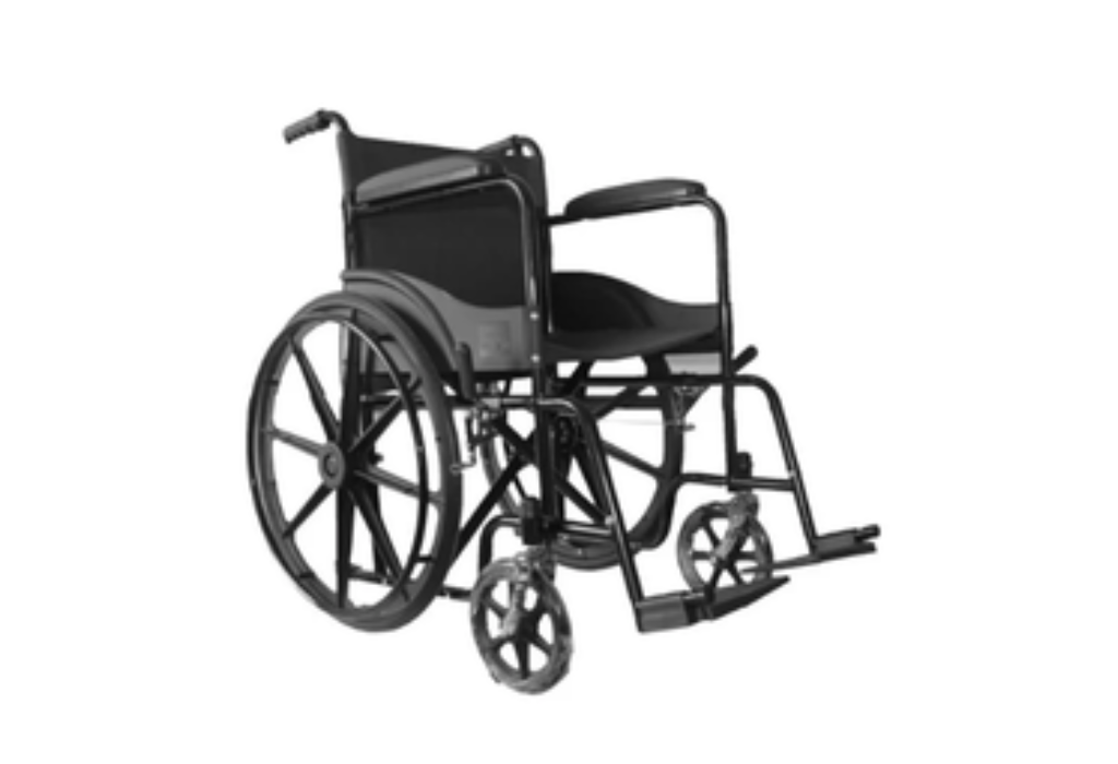Standard manual wheelchair with folding frame for patient transport