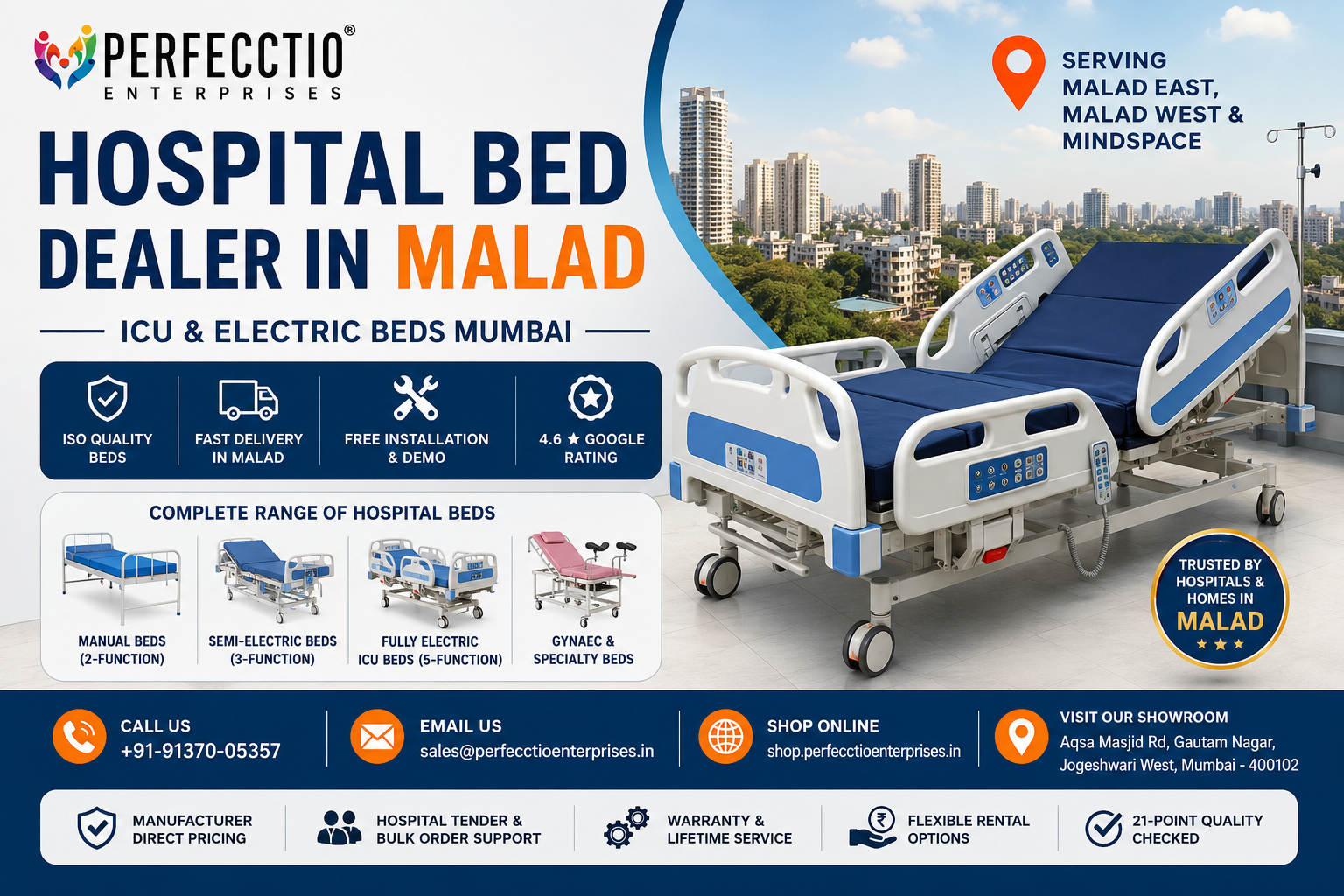 Hospital Bed Dealer in Malad by Perfecctio Enterprises featuring ICU electric hospital beds, medical equipment, fast delivery, and installation services in Mumbai