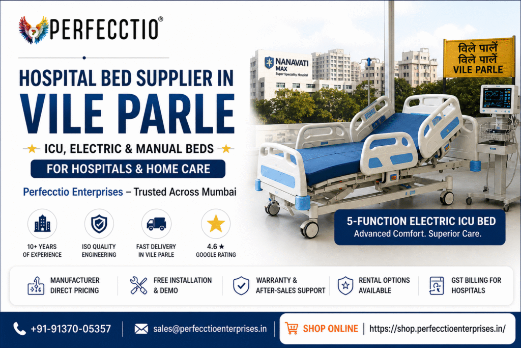 ICU bed manufacturer in Santacruz Mumbai offering electric and manual hospital beds for hospitals and home care by Perfecctio Enterprises