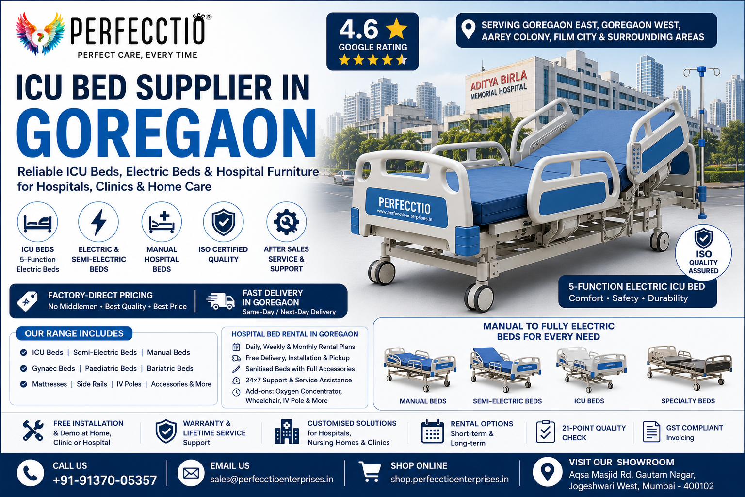 ICU Bed Supplier in Goregaon by Perfecctio Enterprises providing electric ICU beds and hospital beds in Mumbai