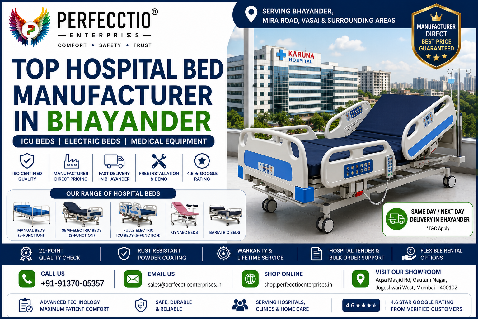 Top Hospital Bed Manufacturer in Bhayander by Perfecctio Enterprises with ICU beds, electric hospital beds and medical equipment